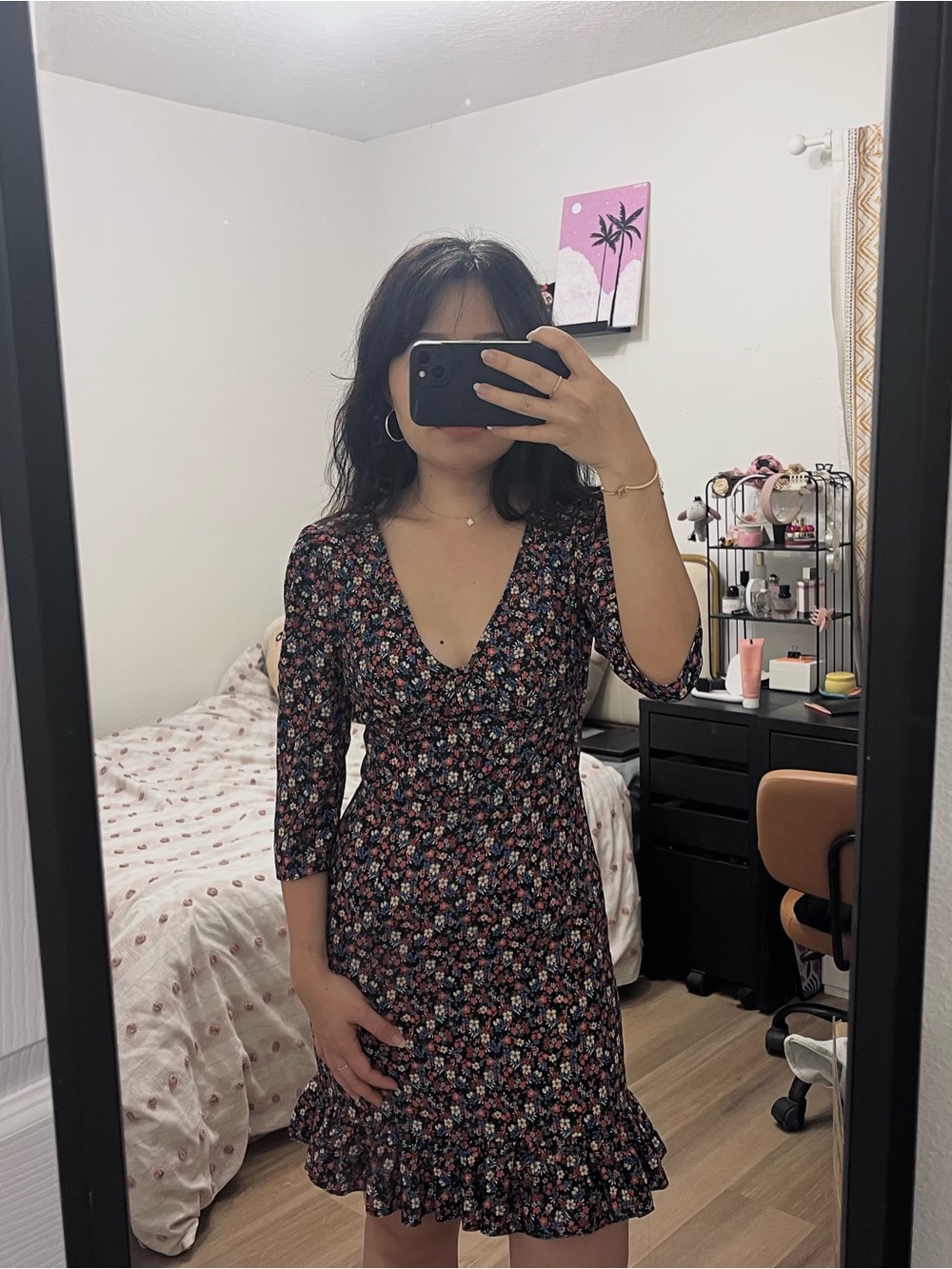 Women's Black Floral V-Neck Ruffle Mini Dress